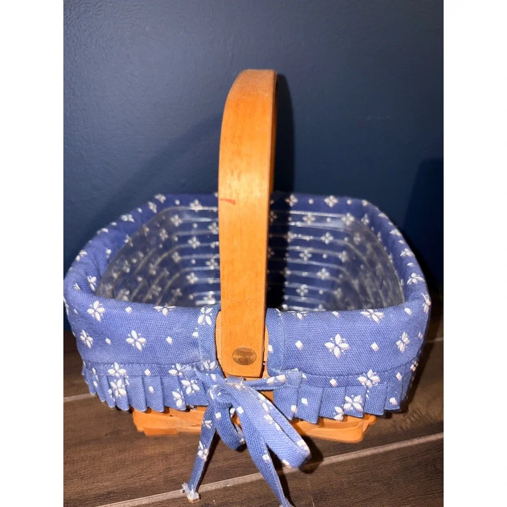 Longaberger Woven Wood Basket Blue Floral Liner Plastic Protector Swing Handle
